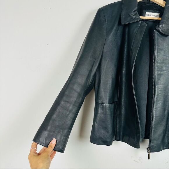 Vintage Jackets & Blazers - Vintage 90s Y2K Charles Klein Black Leather Jacket Classic XL